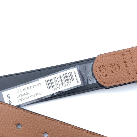 Michael Kors Silver MK Logo Pebbled Brown Black Leather Luggage Belt NWT